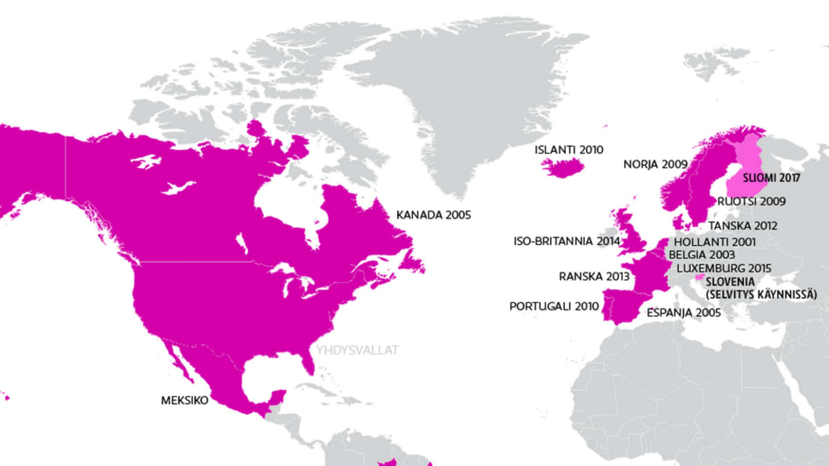 Kartta maista, joissa sukupuolineutraali avioliitto hyväksytty.