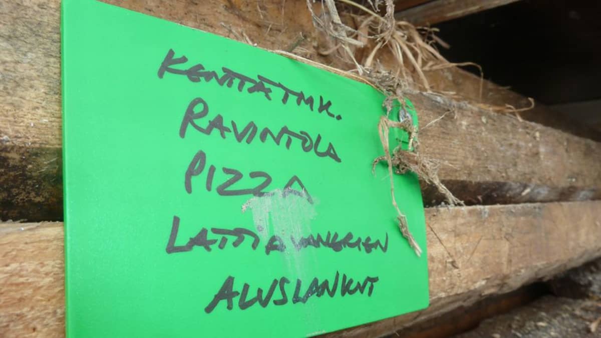 Paperilappu, jossa teksti "Kenttätmk., ravintola, pizza, lattialankut, aluslankut".