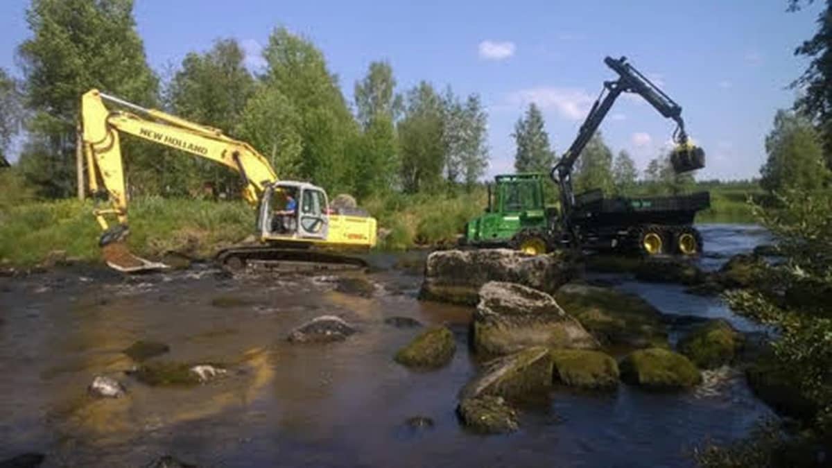 Keltainen kaivuri ja vihreä metsötraktori kosken vedessä.
