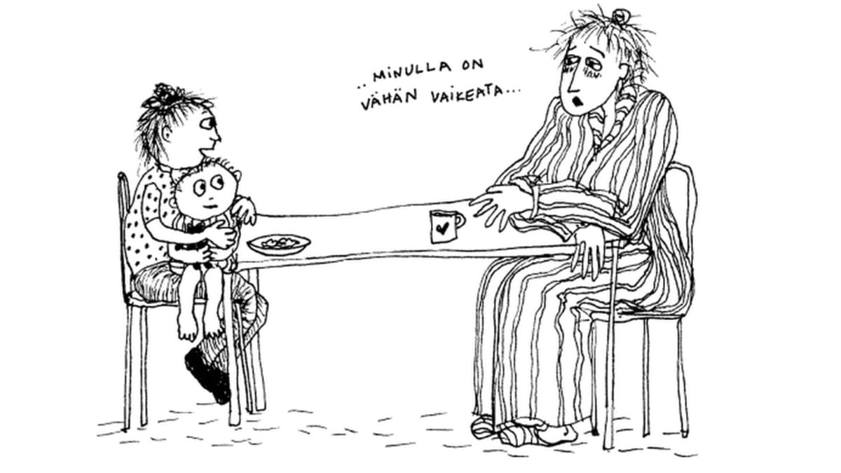Piirroskuva äidistä ja lapsista pöydän ääressä.