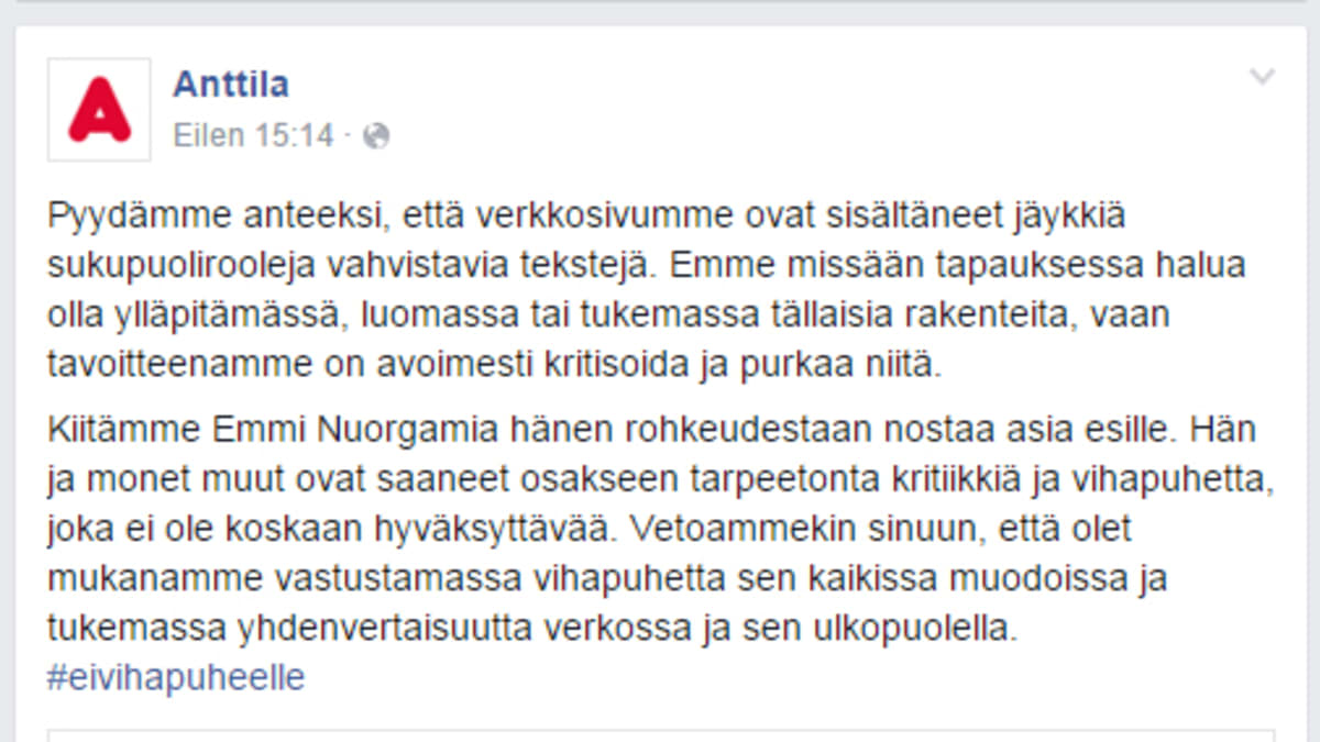 Anttilan Facebook-päivitys.