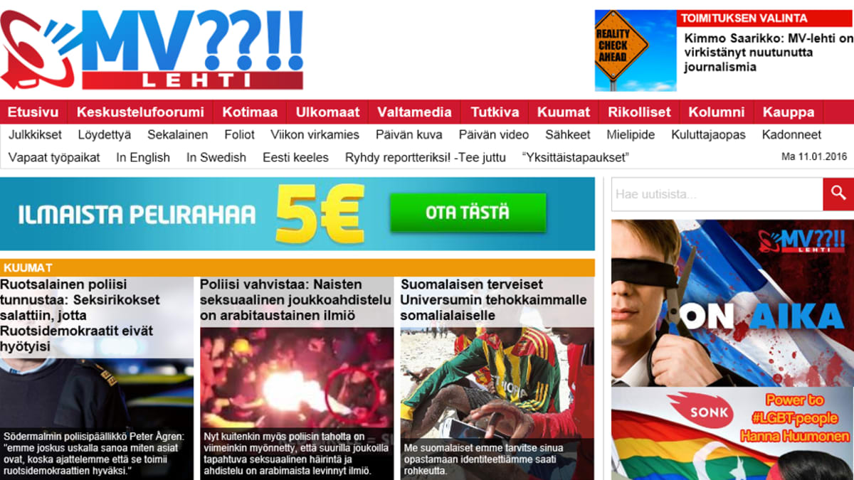 Kuvakaappaus MV-lehden etusivusta.