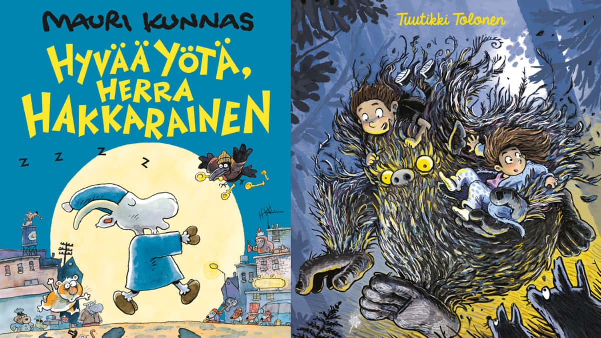 Kuvakollaasi teoksista Hyvää yötä Herra Hakkarainen ja Mörkövahti. 