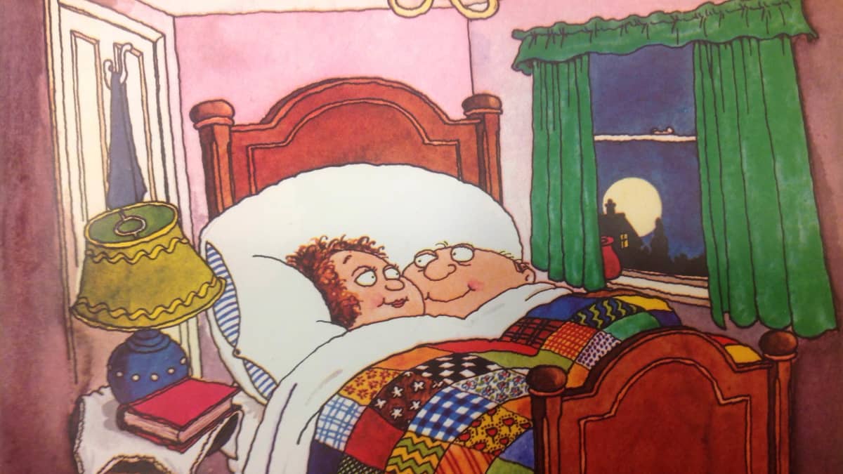Piirretty pariskunta makaa sängyssä 70-luvun seksivalistuskirjan kuvituksessa