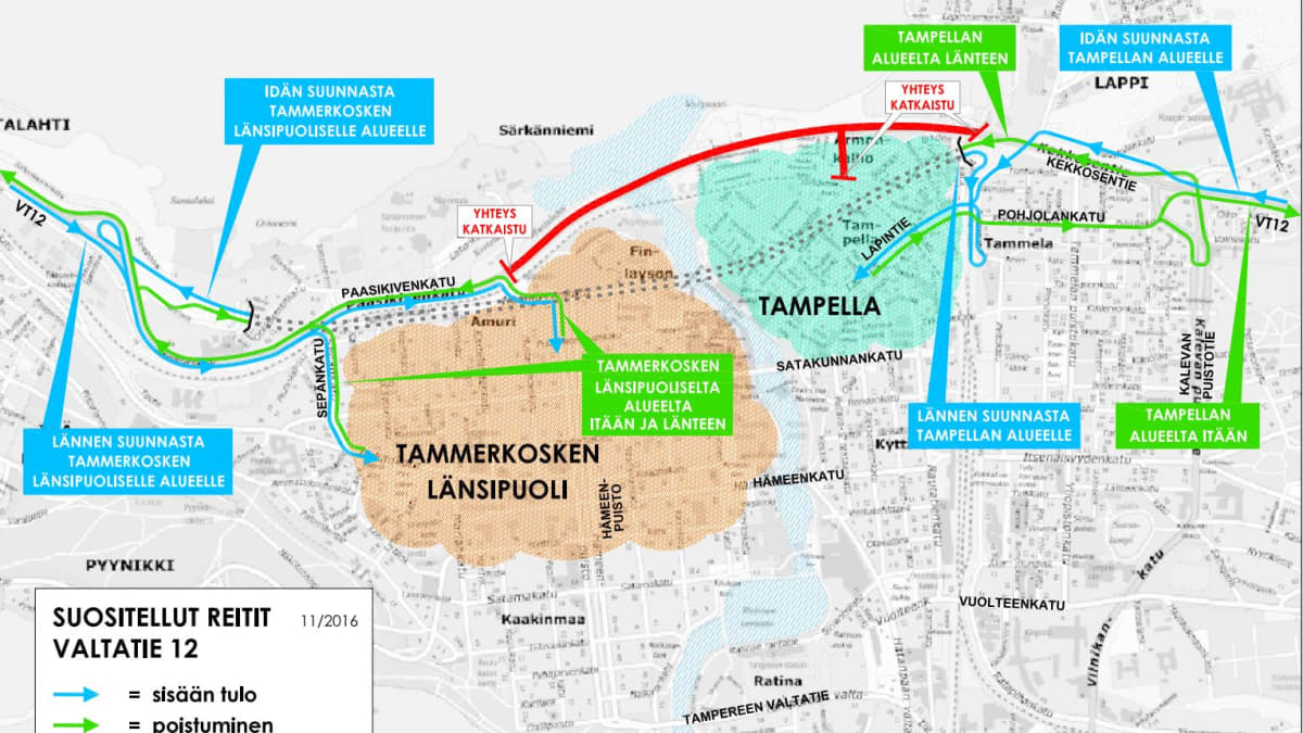 Tampereen kaupungin tekemä kartta suositelluista reiteistä