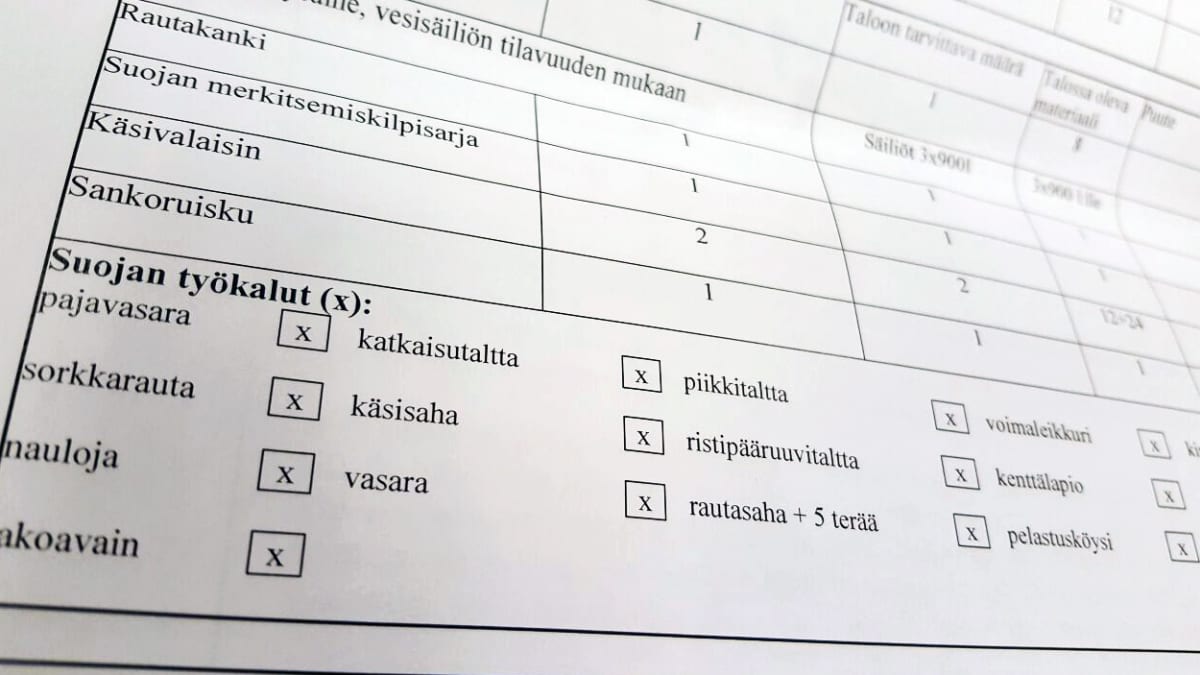 Lomake, jossa listataan mitä tarvikkeita väestönsuojassa tulisi olla. 