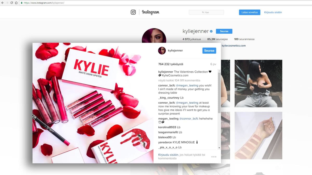 Kuvakaappaus Kylie Jennerin instagram-tililtä.