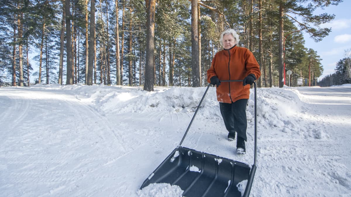 Nainen kolaa lunta.