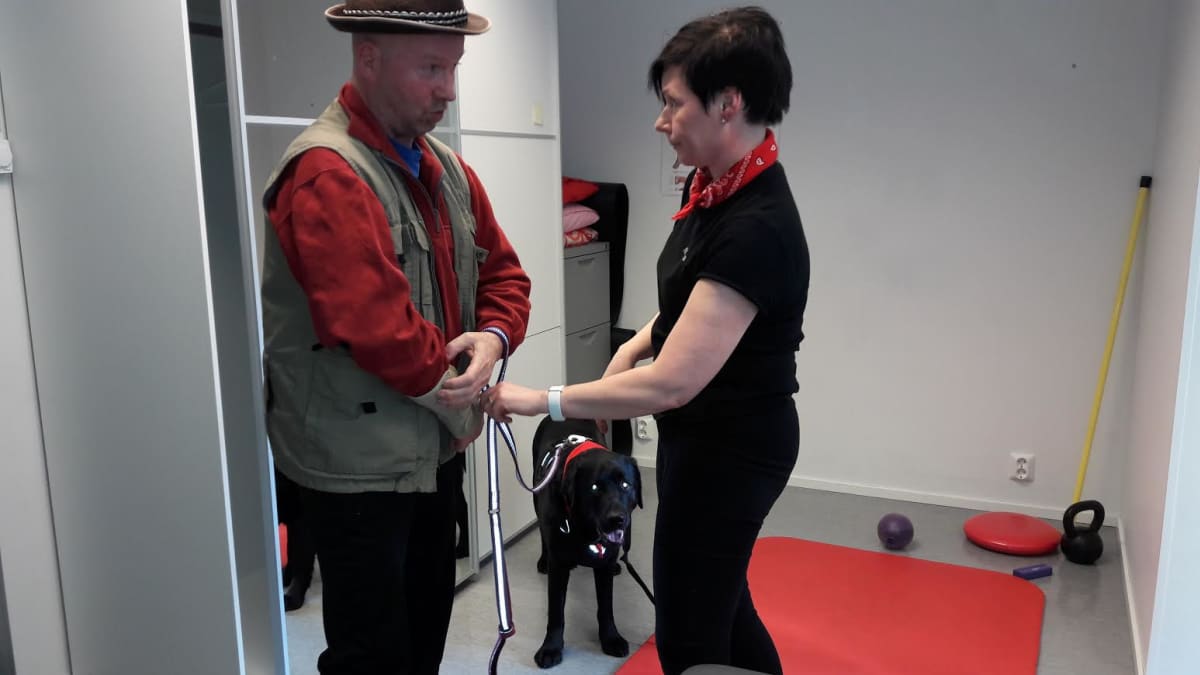 Fysioterapeutti Carita Nikkari, kuntoutettava Jussi Sorsa ja kuntoutuskoira Jekku.