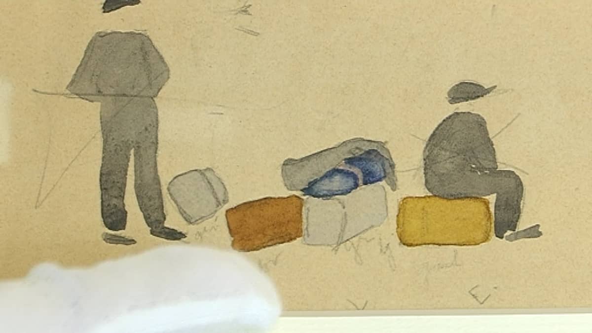 Hahmotelmia laiturilla istuvista ihmisistä ja tavaroista