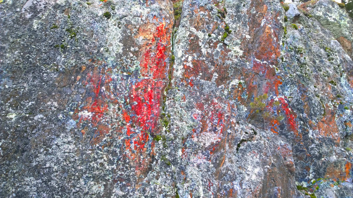 Kuva Karhuvuoren kalliomaalauksesta, jossa punaista väriä on korostettu.