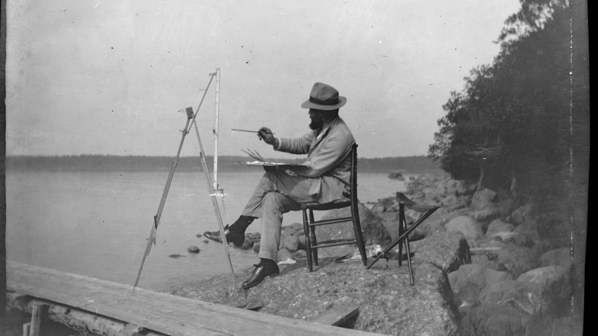 Hugo Simberg maalaamassa Niemenlauta kartanon rannalla Säkkijärvellä