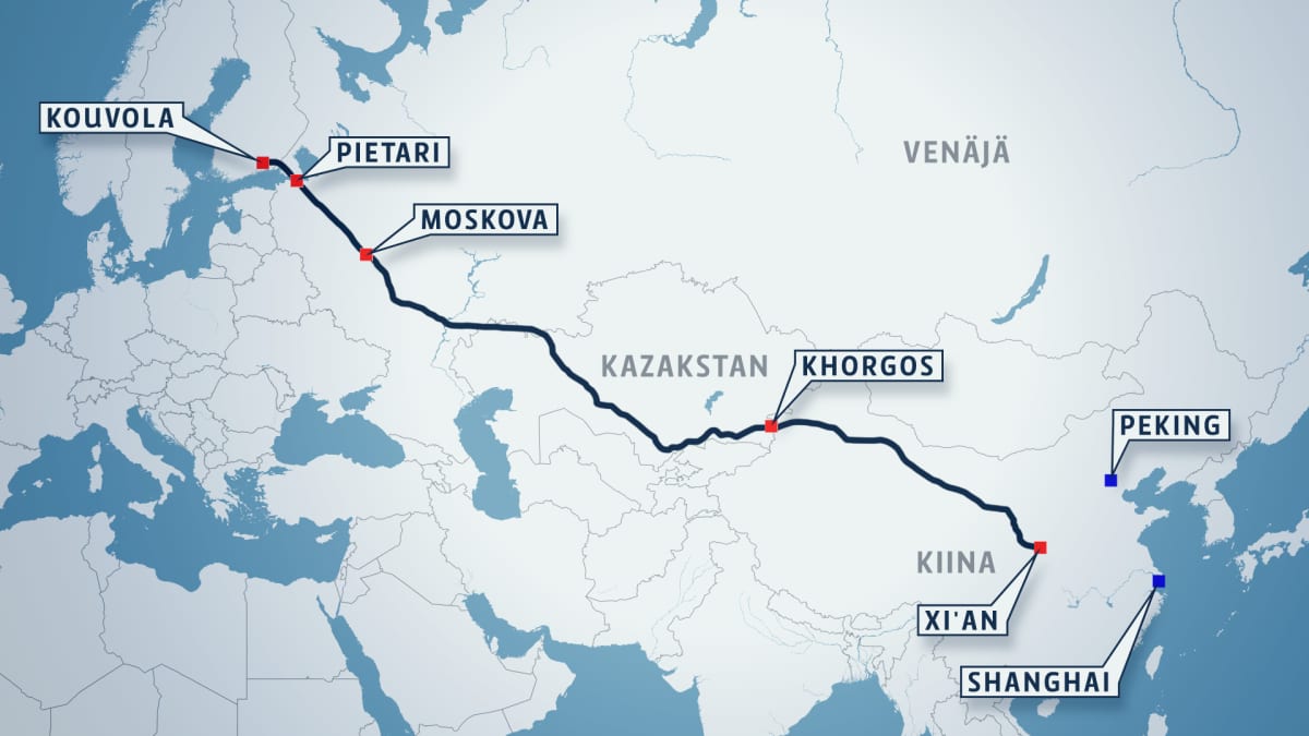 Kartta, jossa näkyy rautatiereitti Kouvolasta Kazakstanin halki Kiinaan.