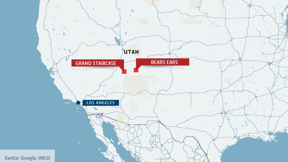 kartta jossa Utah ja luonnonpuistot