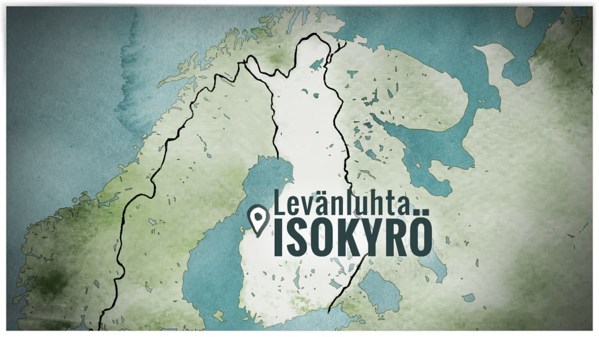 Suomen kartta jossa Levänluhdan sijainti lähellä Vaasaa ja Seinäjokea.