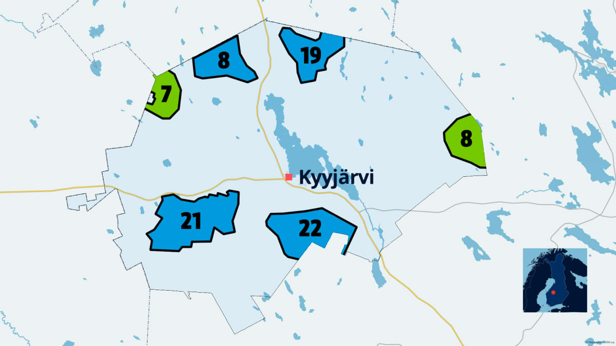 Kyyjärven tuulivoimapuistot 2021. Vihreällä rakenteilla olevat, sinisellä kaavoituksessa olevat tai kaavoitukseen tänä vuonna tulevat.