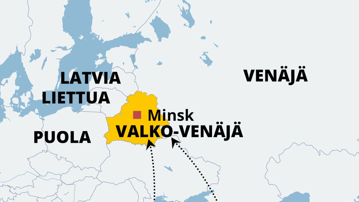 Pakolaisten lentoreitit Eurooppaan Valko-Venäjän kautta.