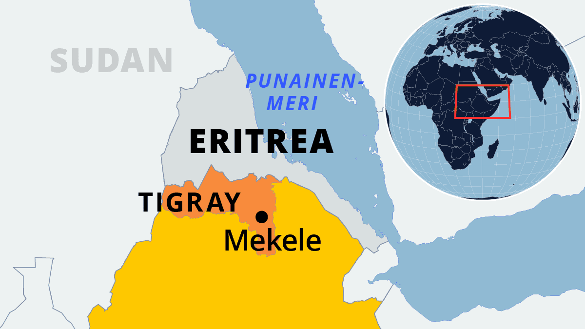 Kartalla Etiopian pohjoisosassa Tigrayn maakunta ja naapurimaa Eritrea.