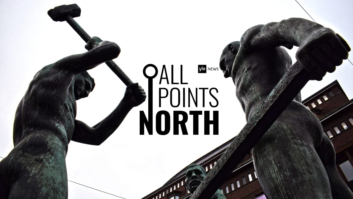 Photo of the Three Blacksmiths statue in Helsinki featuring the All Points North podcast logo