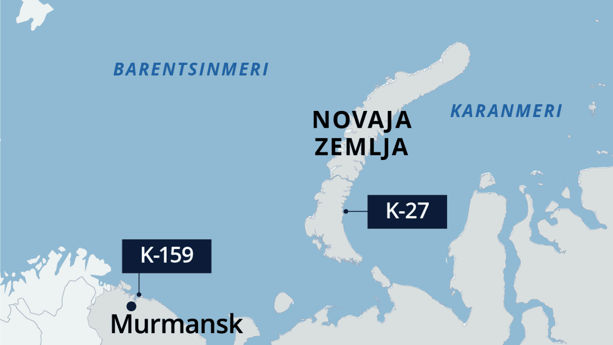 Kartalla upoksissa olevien sukellusveneiden K-159 ja K-27 sijainnit Barentsinmerellä. 