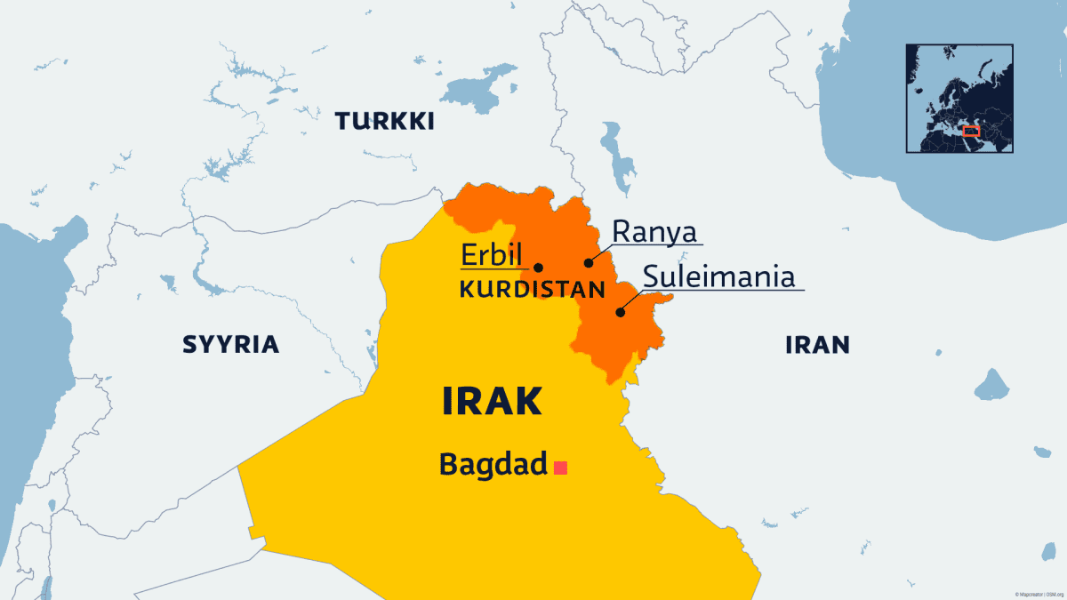 Kartta, jossa näkyy osa Irakia naapurimaineen ja Irakin Kurdistan, sekä kaupungit Erbil, Ranya, Suleimania ja pääkaupunki Bagdad