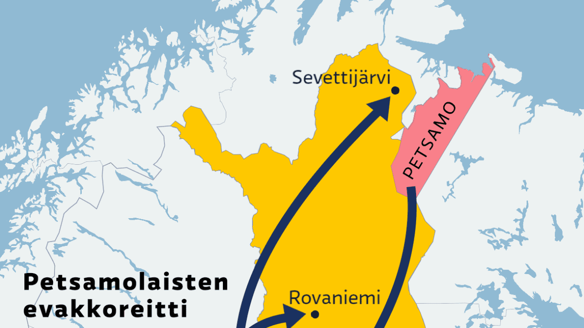 Kartta petsamolaisten evakkoretkestä Kalajoen kautta Tervolaan, Rovaniemelle ja Sevettijärvelle.