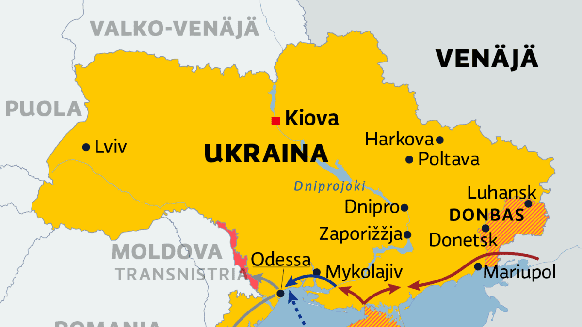 Kartalla Venäjän mahdollinen eteneminen Ukrainan eteläosassa.