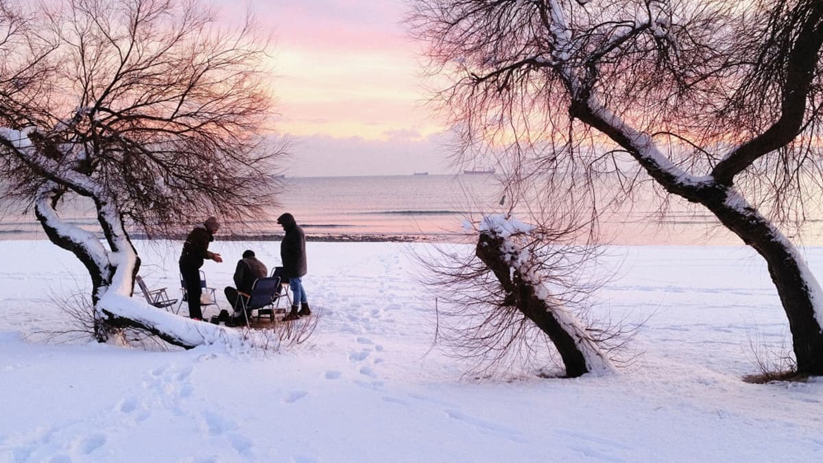 Kolme ihmistä on lumisessa maisemassa, yksi heistä istuu. Kuvassa on myös kaksi puuta ja taustalla näkyy meri. 