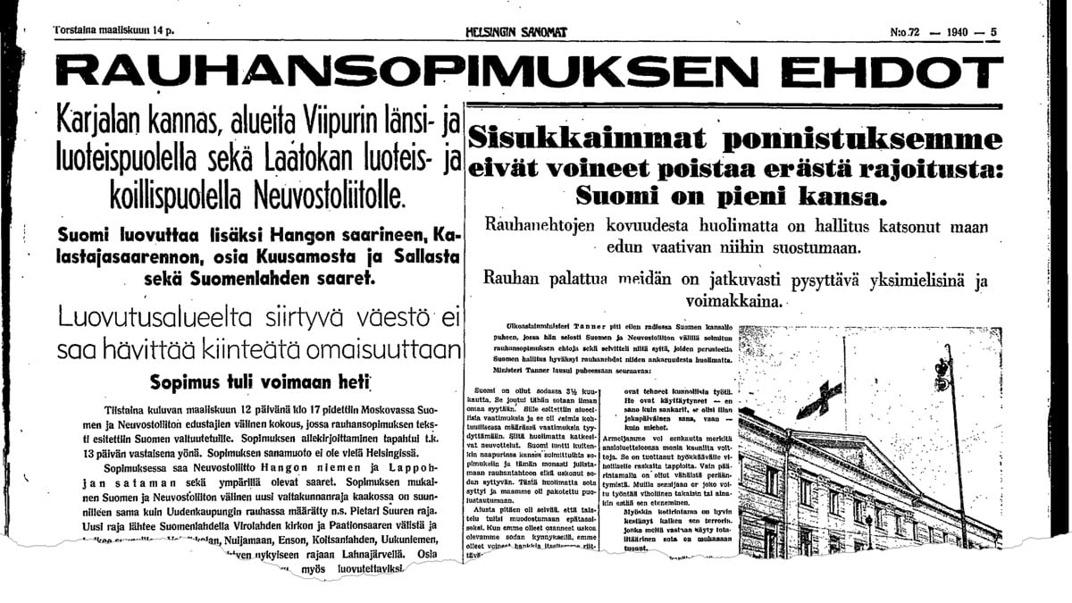Lehtileike 14. maaliskuuta 1940 julkaistusta Helsingin Sanomista. Leikkeen sisältö käsittelee Suomen ja Venäjän välisestä rauhansopimuksesta.