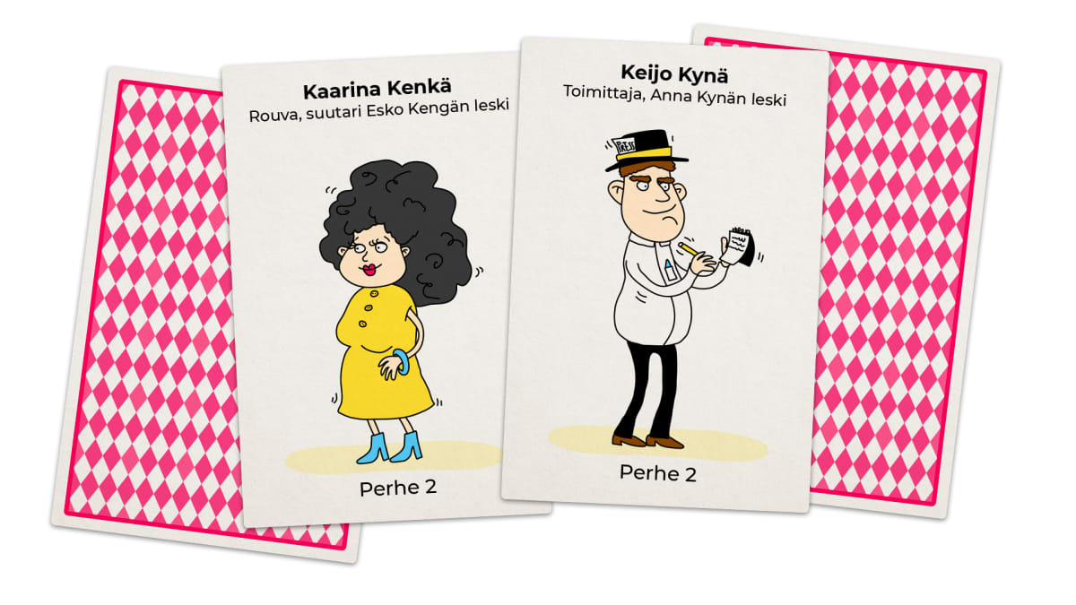 Pelikortit, joissa perhe 2: rouva Kaarina Kenkä, Esko Kengän leski, sekä toimittaja Keijo Kynä, Anna Kynän leski.