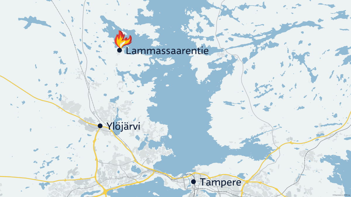 Kartta jossa näkyy tulipalon kohde Lammassaarentiellä.