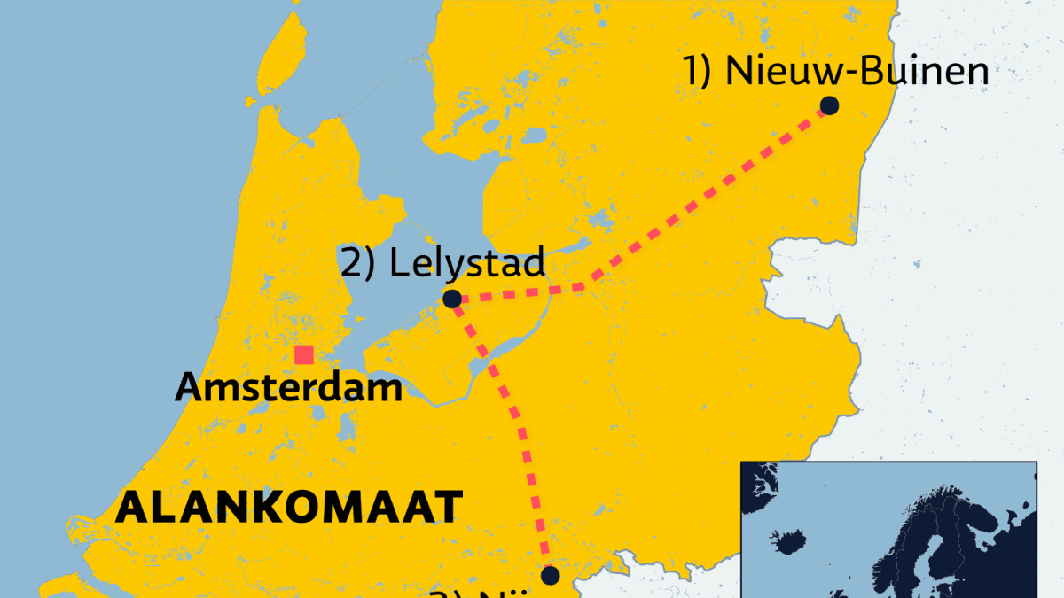  Karttaan merkattu Alankomaat, kaupungit Amsterdam, sekä reitti kaupunkien Nieuw-Bienin, Lelystadin ja Nijmegenin välillä.