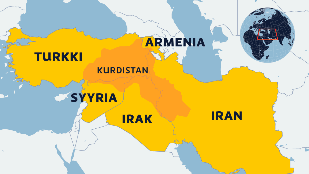 Kartta, jossa merkattuna Turkki, Armenia, Syyria, Irak ja Iran sekä niiden kaikkien rajojen sisäpuolella oleva Kurdistanin alue. 