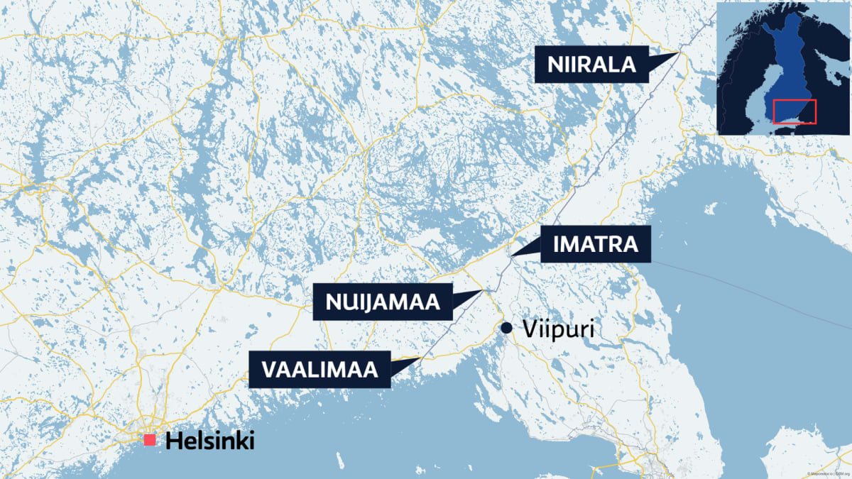 Kartta, joka näyttää neljän rajanylityspaikan sijainnit Suomen ja Venäjän rajalla. Pohjoisesta etelään: Niirala, Imatra, Nuijamaa, Vaalimaa.