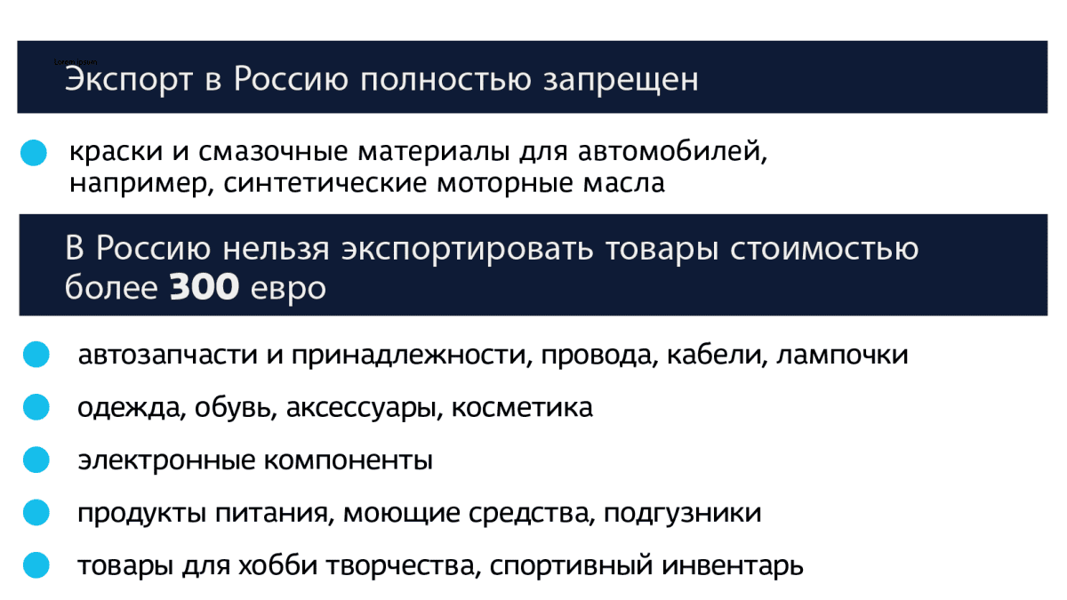 Lista EU:n Venäjälle määräämämien pakotteiden alaisia tavaroista.