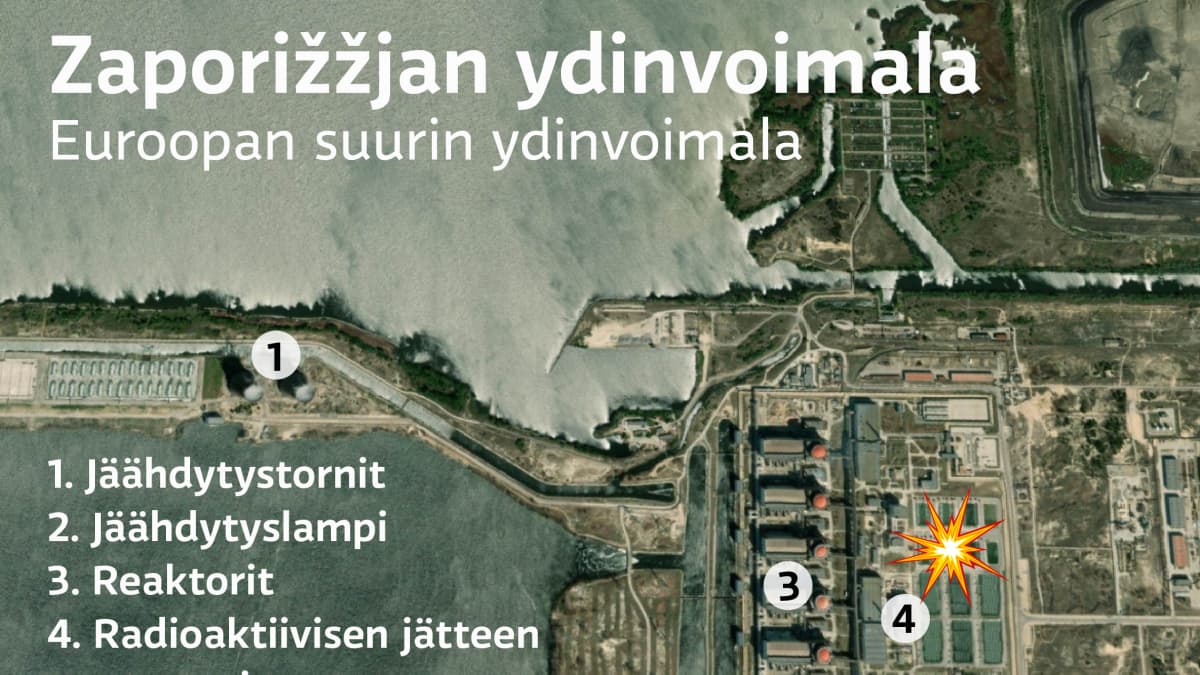 Kartta Zaporižžjan ydinvoimalaitoksen alueesta Ukrainassa.