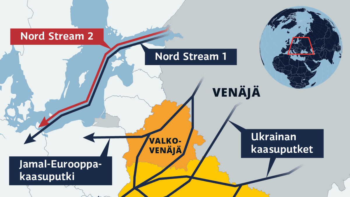 Kartalla Venäjältä tulevia kaasuputkia Eurooppaan.