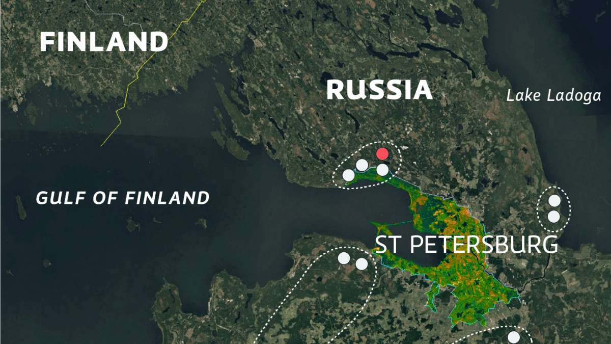 Kartta Pietarin ympäristöstä.