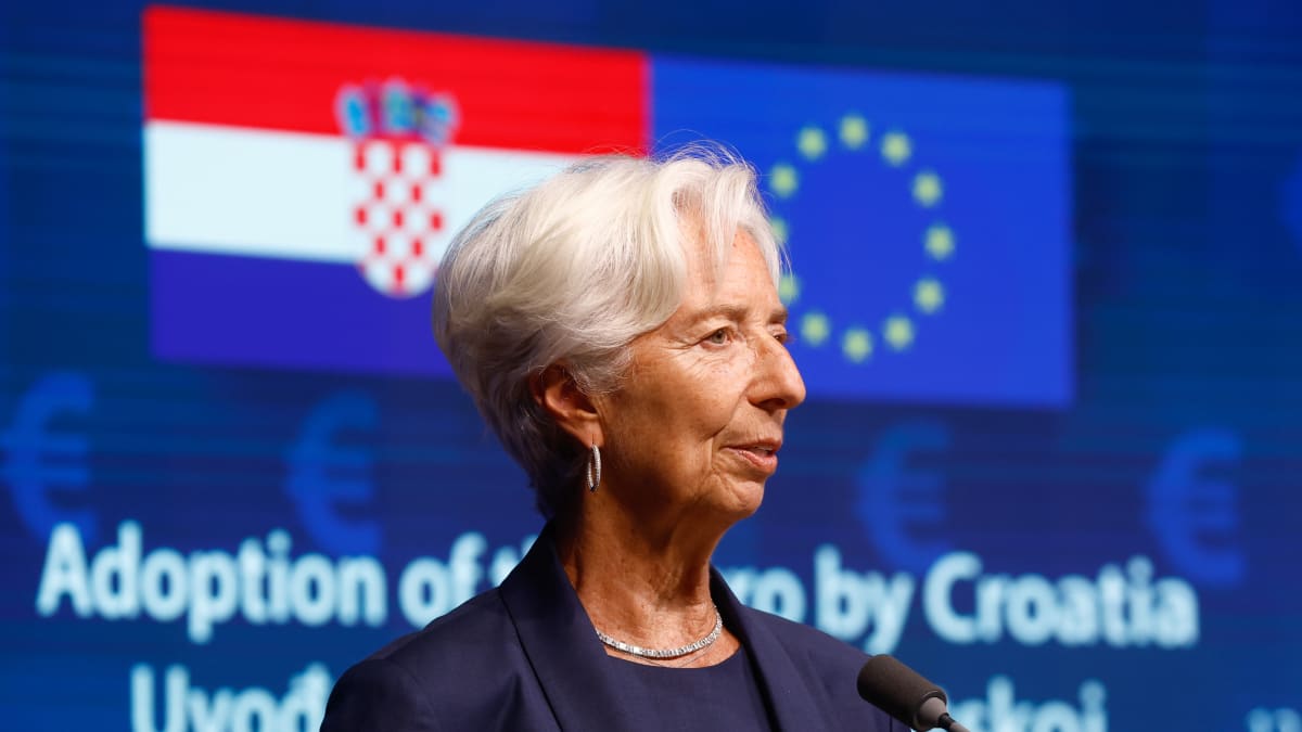 Kuvassa harmaahiuksinen nainen puhuu Kroatian sinivalkopunaisen ja EU:n tähtilipun edessä.