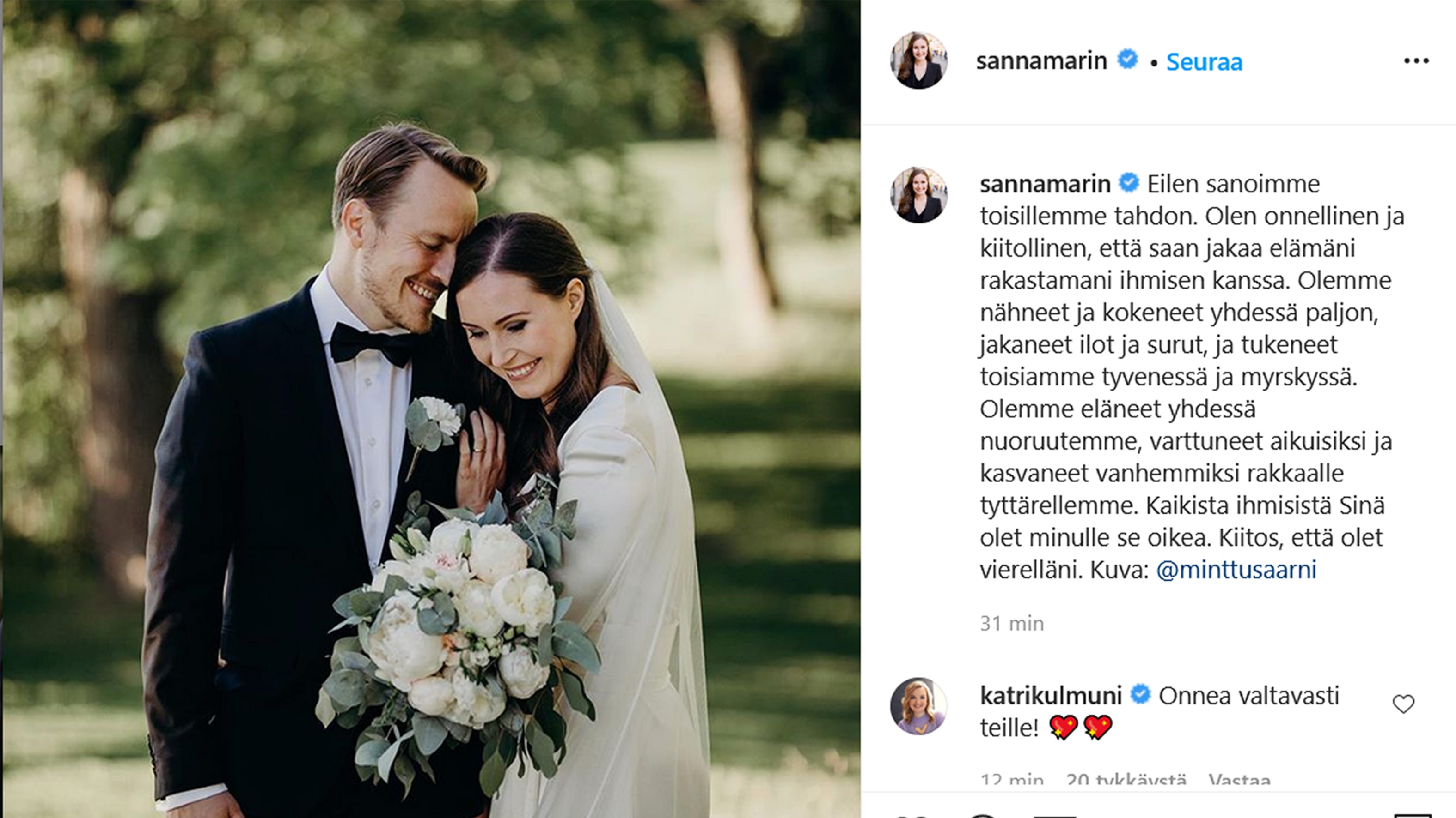 Finnish Prime Minister Sanna Marin marries partner of 16 years
