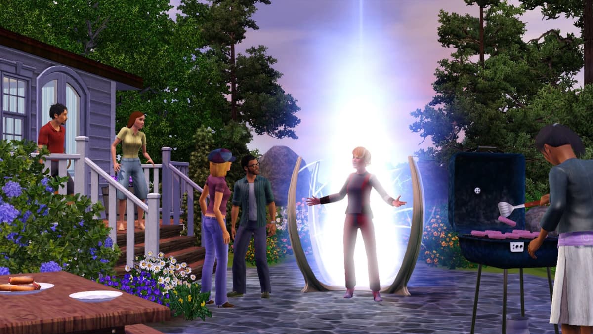 Ruutukaappaus The Sims -pelistä. Pelihahmot ovat omakotitalon pihalla.