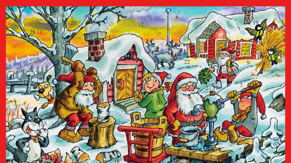 Adventtikalenterin piirroskuvitus, jossa on joulutonttuja ja joulupukki muun muasa hakkaamassa halkoja ja pumppaamassa vettä kaivosta punaisen mökin pihalla.
