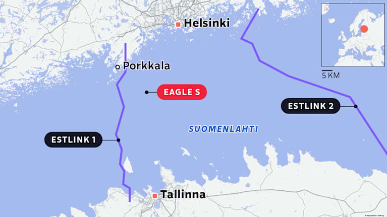 Map showing Estlink 1 +2 cables, location of the Eagle S as well as the Porkkala peninsula, Helsinki and Tallinn.