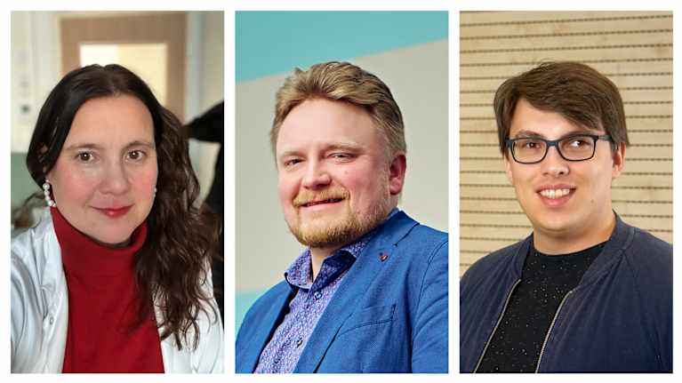 Kuvakollaasi Oulun yliopiston hallituksen uusista jäsenistä. Kuvassa vasemmalla proseffosri Terhi Ruuska-Loewald, keskellä professori Marko Huttula ja vasemmalla tutkijatohtori Pauli Väisänen. Kaikki katsovat hymyillen kameraan.