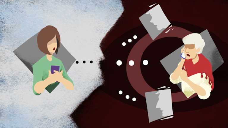 Kuvituskuva. Kaksi henkilöä puhuu puhelimeen. vanhemman ihmisen tausta punertava ja taustalla silmä