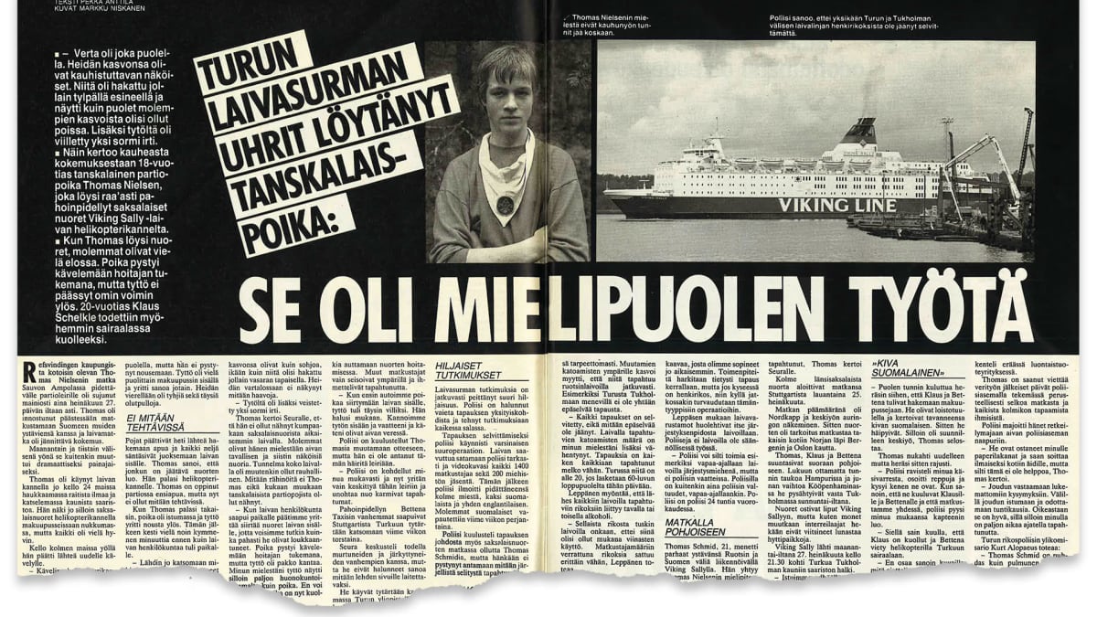 Lehtileike vanhasta Seura lehdestä. Aukeamalla on kuva nuoresta miehestä ja Viking Linen laivasta ja isolla otsikko "Se oli mielipuolen työtä".