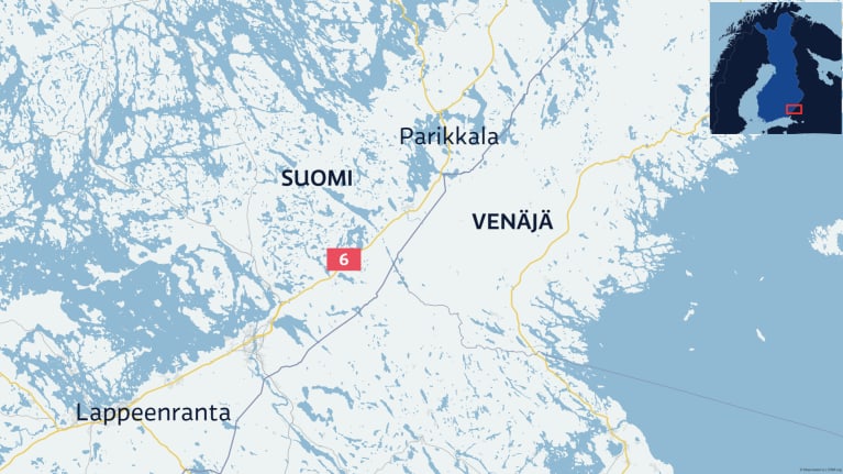 Parikkalan kunta kartalla Suomen ja Venäjän rajalla.