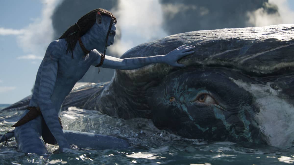 Sininen humanoidi silittää isoa valaan kaltaista otusta meressä.