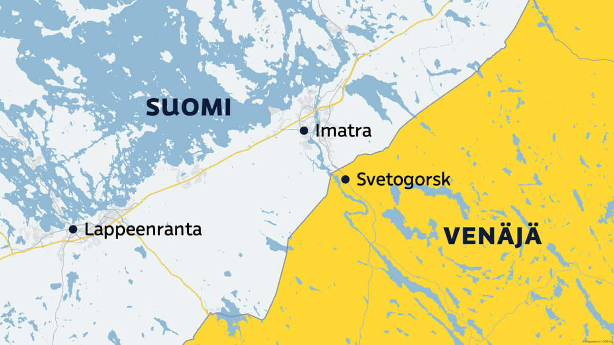 Suomen ja Venäjän välinen raja karttagrafiikassa Imatran ja Svetogorskin kohdalta.