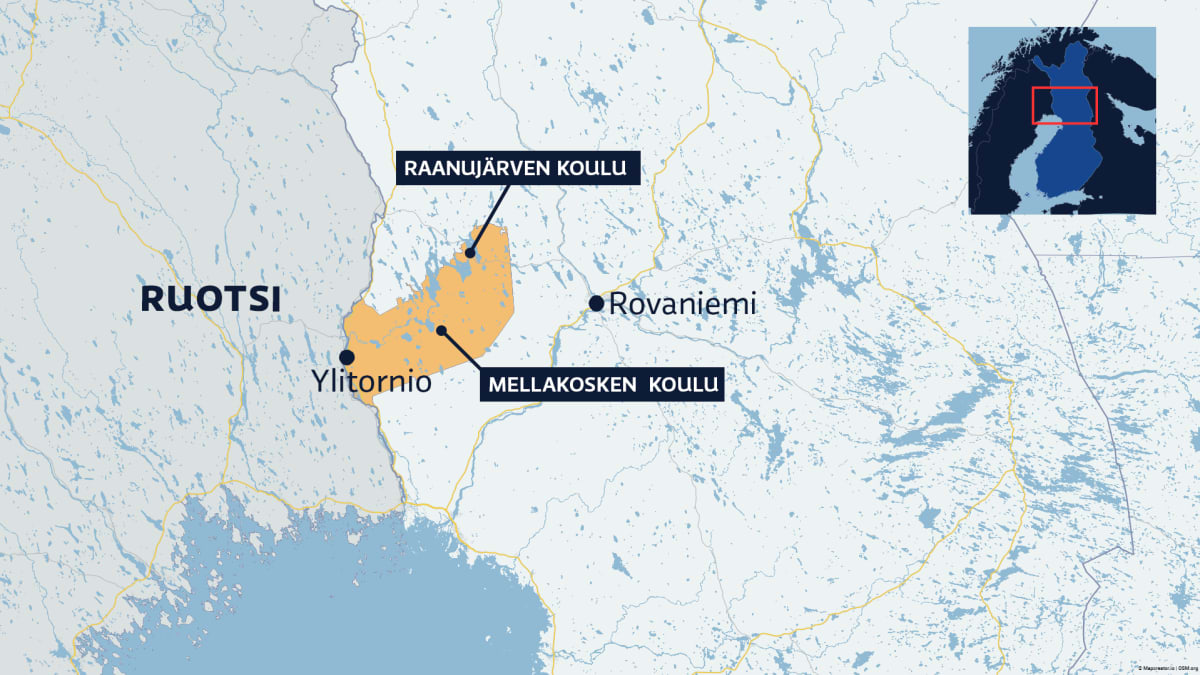 Kartta POhjois-Suomesta, näkyy Rovaniemi, Ylitornio ja Mellakosken sekä Raanujärven koulut.